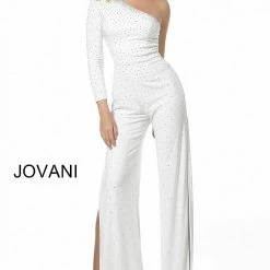 Discontinued Jovani 1723 Long Sleeve One Shoulder Formal Jumpsuit Slit Wide Leg Embellished Long Sleeve Dresses