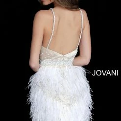 Jovani 1729 Short Feather V Neck Cocktail Short Formal Gown Party Dress Wedding