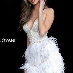 Jovani 1729 Short Feather V Neck Cocktail Short Formal Gown Party Dress Wedding