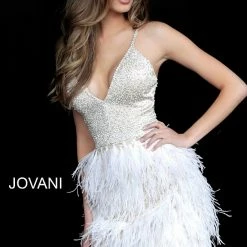 Jovani 1729 Short Feather V Neck Cocktail Short Formal Gown Party Dress Wedding