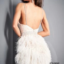 Jovani 1729 Short Feather V Neck Cocktail Short Formal Gown Party Dress Wedding