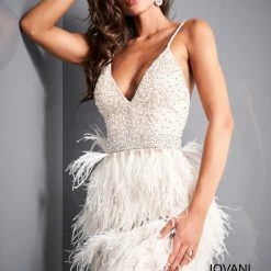 Jovani 1729 Short Feather V Neck Cocktail Short Formal Gown Party Dress Wedding