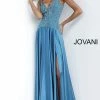 Discontinued Long Sleeve Dresses Jovani 4287 Long Satin Maxi Prom Dress Embellished Bodice V Neck Pageant Gown