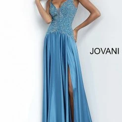 Discontinued Long Sleeve Dresses Jovani 4287 Long Satin Maxi Prom Dress Embellished Bodice V Neck Pageant Gown
