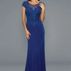 Stella Couture 20036 Long Formal Evening Gown Pearl Embellished High Neckline