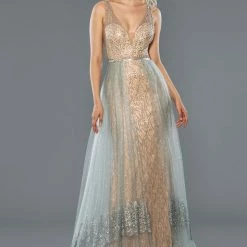 Stella Couture 19137 Long Shimmer Lace Prom Dress Overskirt Formal Gown