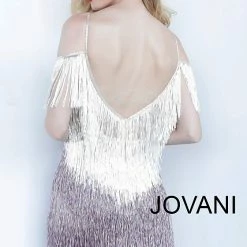 Backless Dresses Jovani 1753 Plunging Neckline Fringe Cocktail Dress Beaded Gown Prom Homecoming