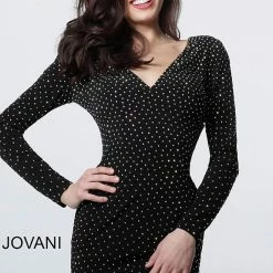 Discontinued Jovani 1784 Long Sleeve V Neckline Embellished Short Cocktail Dress Long Sleeve Dresses