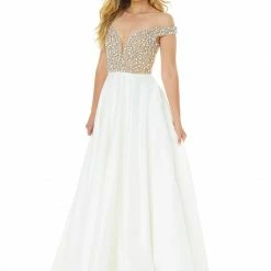Ashleylauren Ashley Lauren 1792A Crystal And Pearl Pageant Gown With Off The Shoulder Straps
