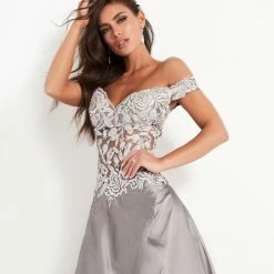 Jovani 03369 Grey Off The Shoulder Evening Dress Satin A Line Mother Of The Bride Gown