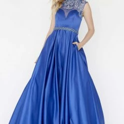 In Stock Jolene 18016 Long Satin A Line Ballgown Sheer High Neck Prom Dress Pockets Size 16 Ballgown Dresses