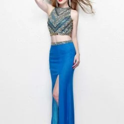 Discontinued Primavera 1803 Long Two Piece High Neck Prom Dress Slit Beaded Embellished Ballgown Dresses