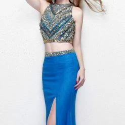 Discontinued Primavera 1803 Long Two Piece High Neck Prom Dress Slit Beaded Embellished Ballgown Dresses