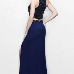 Discontinued Primavera 1803 Long Two Piece High Neck Prom Dress Slit Beaded Embellished Ballgown Dresses