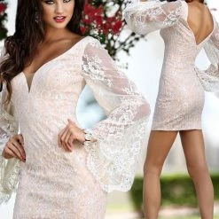 In Stock Envious Couture 18095 Short Beaded Lace Prom Dress With Bell Sleeves Ivory Size 16