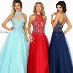 In Stock Ballgown Dresses Envious Couture 18099 Size 4 Halter Neck Beaded Tulle Prom Dress Ball Gown