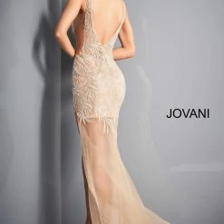 Backless Dresses Jovani 1863 Long Fitted Sheer Beaded Formal Sexy Dress Slit Prom Pageant Crystal