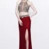In Stock Primavera 1863 Size 6 Illusion Beaded Two Piece Prom Dress Slit Backless High Neck Backless Dresses