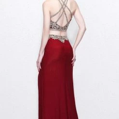 In Stock Primavera 1863 Size 6 Illusion Beaded Two Piece Prom Dress Slit Backless High Neck Backless Dresses