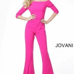 Jovani 1867 Off The Shoulder Fitted Bell Bottom Jumpsuit Long Sleeve Jumpsuits & Rompers