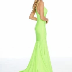 In Stock Mermaid Dresses Ashley Lauren 1870 Size 6 Neon Green Long Jersey V Neck Fitted Mermaid Prom Dress Neon Pageant