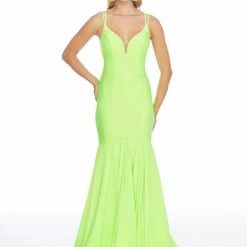 In Stock Mermaid Dresses Ashley Lauren 1870 Size 2 Neon Long V Neck Fitted Mermaid Prom Dress Pageant