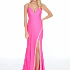 In Stock Ashley Lauren 1882 Size 10 Turquoise Embellished Slit Prom Dress Pageant Gown V Neck