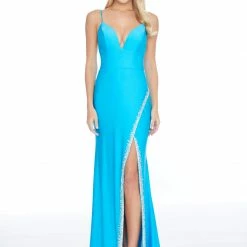 In Stock Ashley Lauren 1882 Size 10 Turquoise Embellished Slit Prom Dress Pageant Gown V Neck