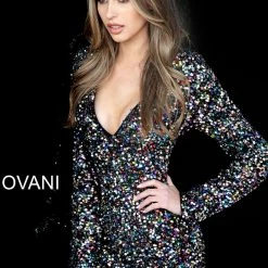 Discontinued Jovani 1899 Multi Embellished Long Sleeve Fitted Short Cocktail Dress Long Sleeve Dresses
