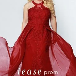 In Stock Tease Prom TE 1904 Garnet Size 22 Plus Sized Prom Dress Lace Mermaid Overskirt Ballgown Dresses