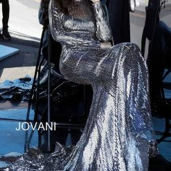 Mermaid Dresses Jovani 1928 Sequin Shimmer Long Sleeve High Neck Evening Gown Metallic