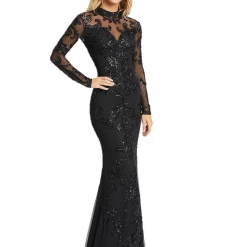 Mac Duggal Cassandra Stone 1945A Long Sleeve Beaded Formal Evening Dress Backless