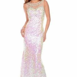 In Stock Precious Formals 70083 Iridescent White Size 2 Long Sequin Gown Pageant Backless Formal Backless Dresses
