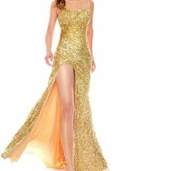 In Stock Precious Formals Style L46693 Gold/Nude Size 4 Prom Dress Sequin Slit Pageant Gown CLEARANCE