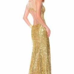 In Stock Precious Formals Style L46693 Gold/Nude Size 4 Prom Dress Sequin Slit Pageant Gown CLEARANCE