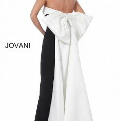 Jovani 1998 Black Ivory High Slit Evening Gown With Large Bow In Back