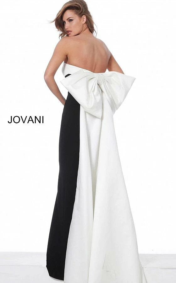 Jovani 1998 Black Ivory High Slit Evening Gown With Large Bow In Back 3 Jovani 1998 Black Ivory High Slit Evening Gown With Large Bow In Back