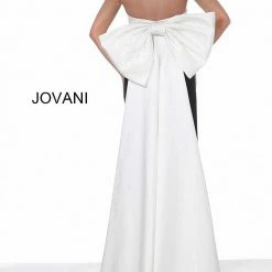 Jovani 1998 Black Ivory High Slit Evening Gown With Large Bow In Back