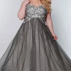 In Stock Ballgown Dresses Sydney's Closet SC7329 Size 14 Glitter And Lace Prom Dress Ball Gown Plus Sized SC 7329