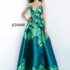 Ballgown Dresses Jovani 02046 Floral Print A Line Prom Dress With Bow