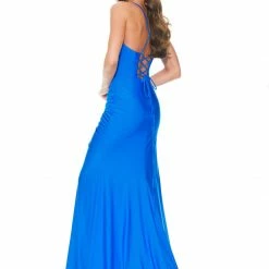In Stock Corset Dresses Ashley Lauren 11040 Sz 2 Royal Lace Up Back Prom Dress With Twist Knot Detail And Slit