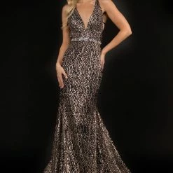 Mermaid Dresses Nina Canacci 8197 Long Mermaid Prom Dress Plunging Neckline Corset Embellished