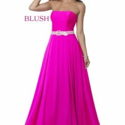 In Stock Blush Prom 11960 Size 12 Jersey A Line Strapless Prom Dress Crystal Belt Neon Pink