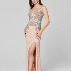 In Stock Primavera Couture 3466 Size 4 Beaded Floral Fitted V Neck Prom Dress Slit