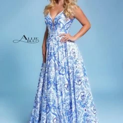 In Stock Allie Blu 4209 Size 10, 16 A Line V Neck Floral Print Prom Dress Formal