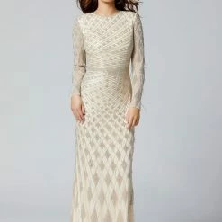Discontinued Primavera Couture 3369 Diamond Beaded Evening Gown Long Sleeves Sheer Back Long Sleeve Dresses