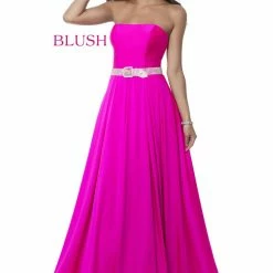 In Stock Blush Prom 11960 Size 12 Jersey A Line Strapless Prom Dress Crystal Belt Neon Pink
