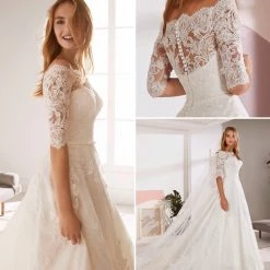 In Stock White One OSSA Size 28 Sheer Lace Off The Shoulder Wedding Dress Sleeves Ballgown Ballgown Dresses