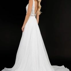 In Stock Nina Canacci 2205 Lace Plunging Neckline Long Wedding Dress Size 10 With Train Chiffon
