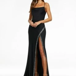 Ashleylauren Ashley Lauren 11184 Jersey Gown With Cowl Neckline & Rhinestone Trimmed Slit